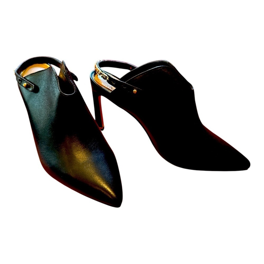 White House Black Market Black heeled mules size 8.5 gold chain accent EXC